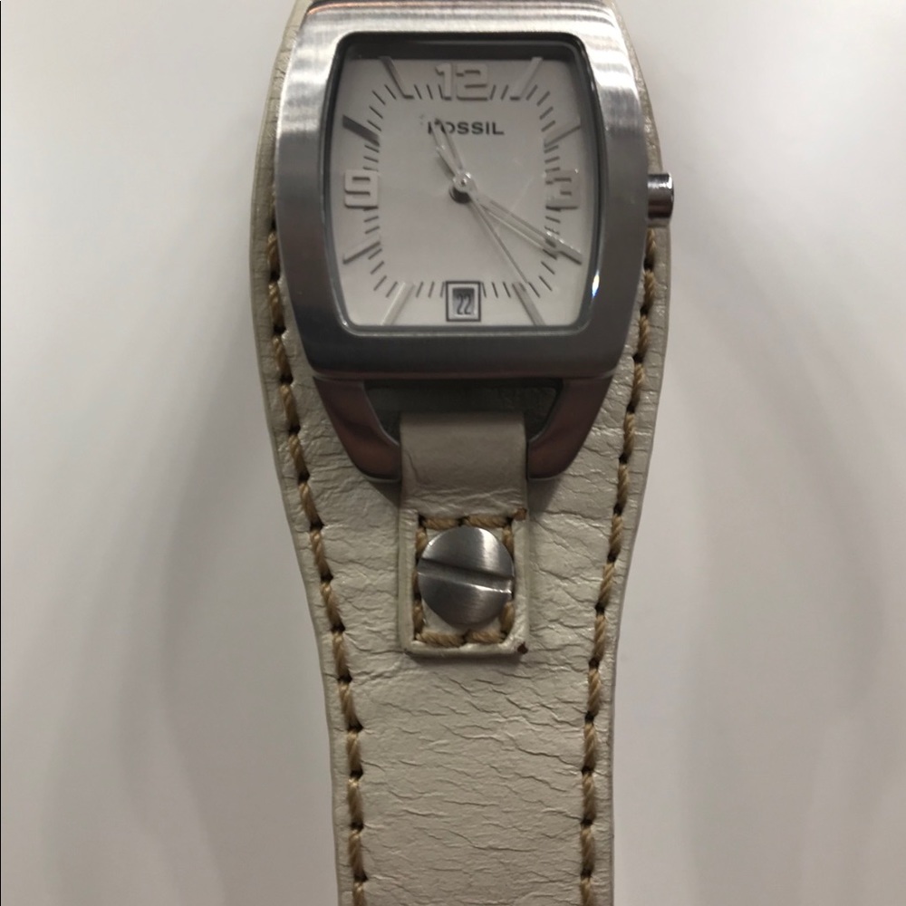 Fossil watch, white leather band.